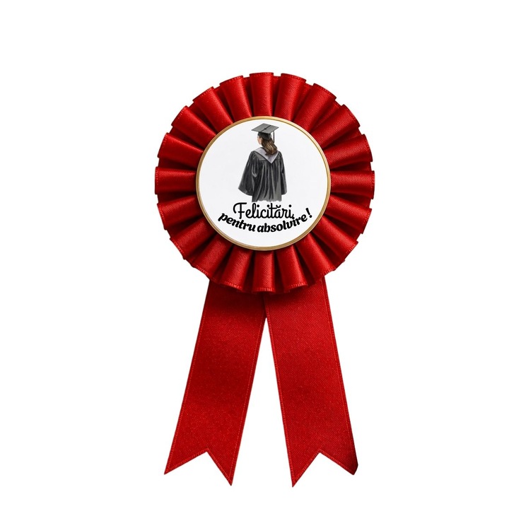 Cocarda absolvire rosie „Felicitari pentru absolvire!”, accesoriu festiv elegant pentru fete si eleve