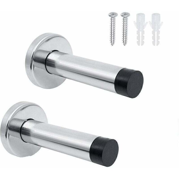 Set 2 opritoare usa interior inox, cauciuc, montaj perete, argintiu, 6x4cm