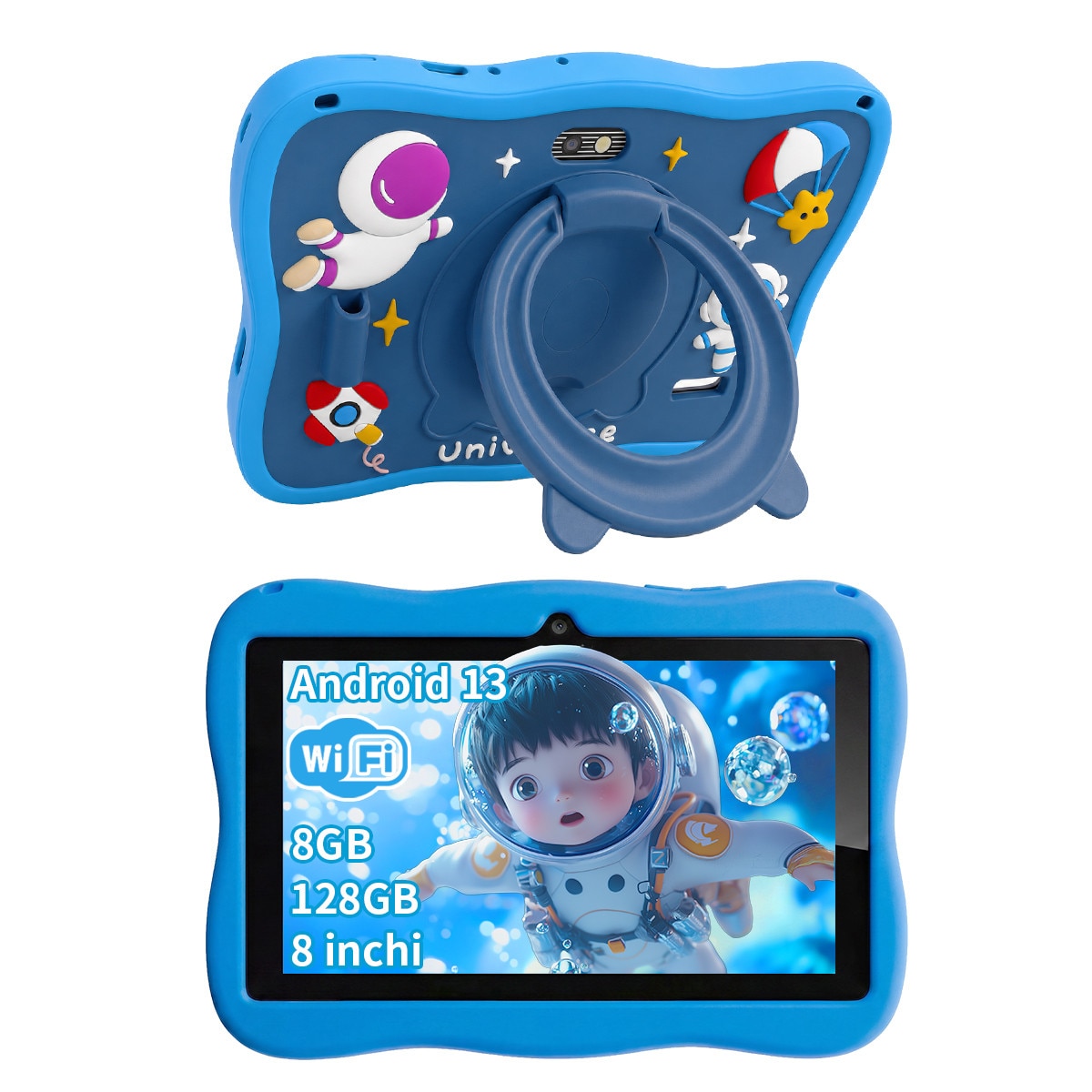 Tableta pentru copii, Ginawe, 8 inch, Android 13, 3-12 ani, 8GB RAM, 128GB ROM (extensibila la 256GB), Software pentru copii preinstalat, Mod de control parental online, Bluetooth, WiFi, albastru, include husa de protectie