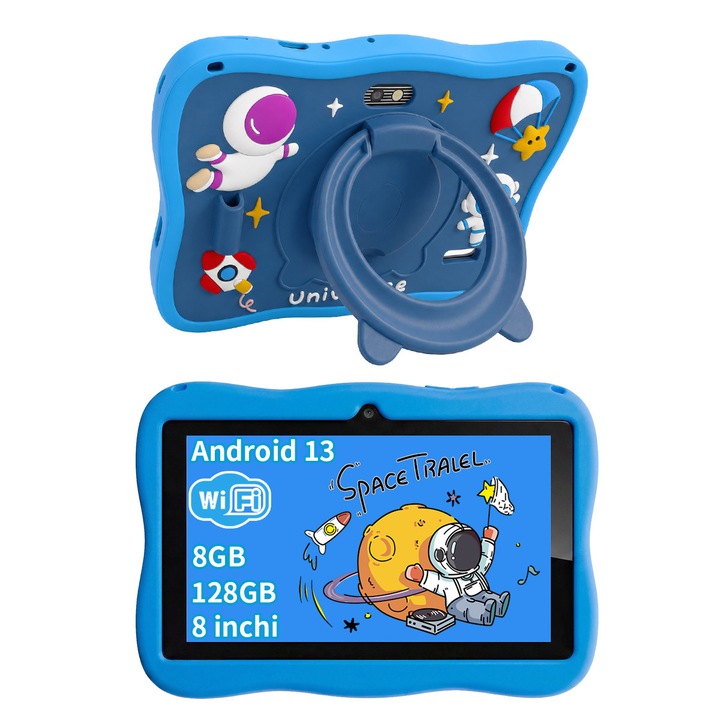 Tableta pentru copii, Ginawe, 8 inch, Android 13, 3-12 ani, 8GB RAM, 128GB ROM (extensibila la 256GB), Software pentru copii preinstalat, Mod de control parental online, Bluetooth, WiFi, albastru, include husa de protectie