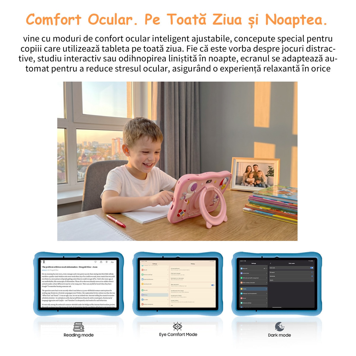Tableta pentru copii, Ginawe, 8 inch, Android 13, 3-12 ani, 8GB RAM, 128GB ROM (extensibila la 256GB), Software pentru copii preinstalat, Mod de control parental online, Bluetooth, WiFi, albastru, include husa de protectie