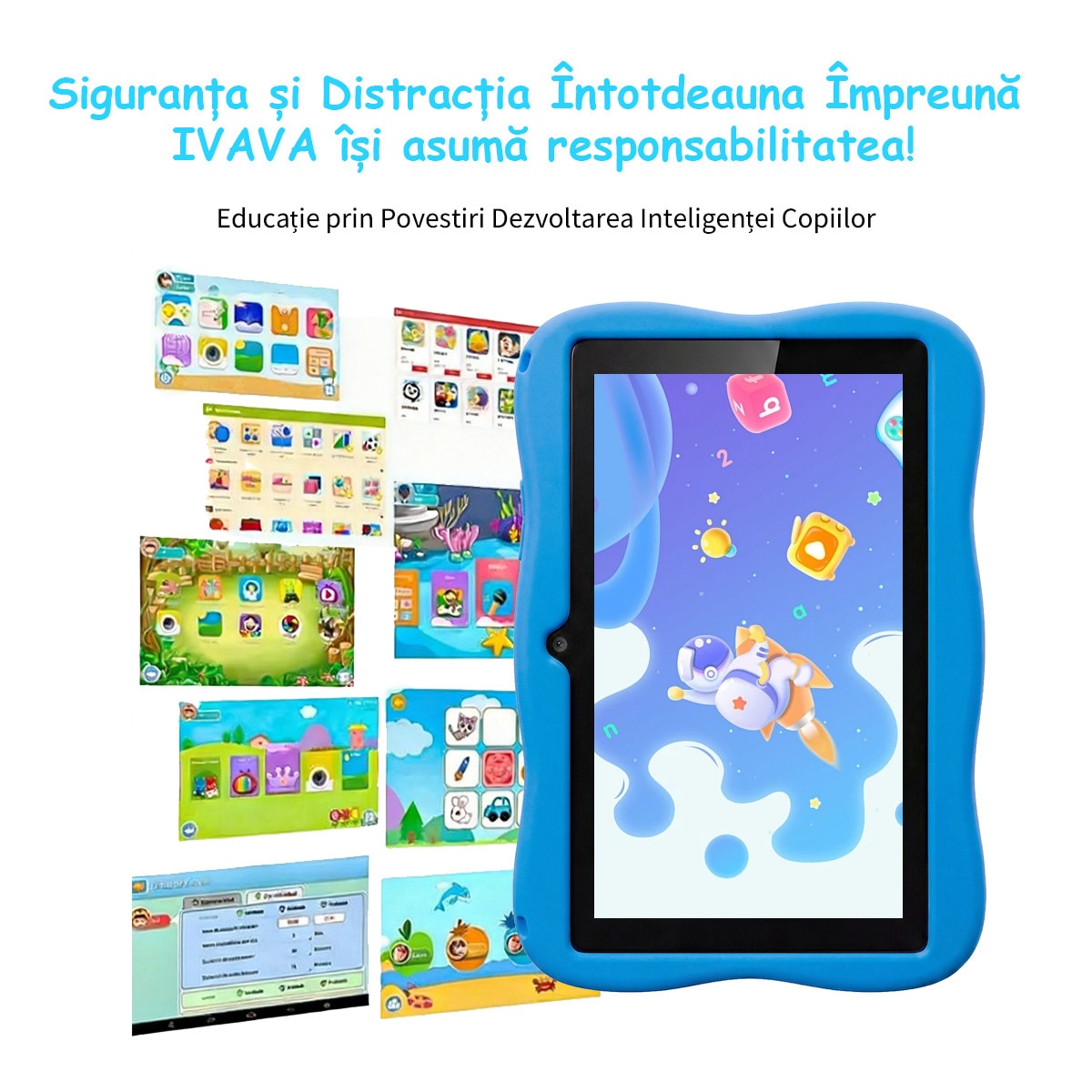 Tableta pentru copii, Ginawe, 8 inch, Android 13, 3-12 ani, 8GB RAM, 128GB ROM (extensibila la 256GB), Software pentru copii preinstalat, Mod de control parental online, Bluetooth, WiFi, albastru, include husa de protectie