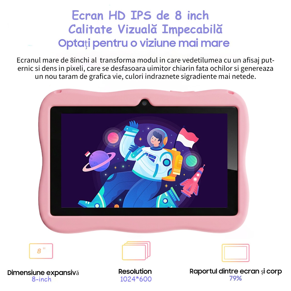Tableta pentru copii, Ginawe, 8 inch, Android 13, 3-12 ani, 8GB RAM, 128GB ROM (extensibila la 256GB), Software pentru copii preinstalat, Mod de control parental online, Bluetooth, WiFi, albastru, include husa de protectie