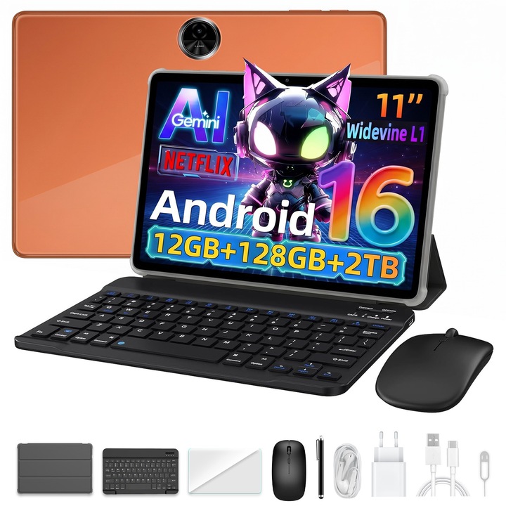 Tableta Blackview ZENO 5,11 inch HD+ IPS, Android 16,12GB + 128GB extensibil pana la 2TB, Procesor Octa-core Unisoc T7250, 8300mAh,13MP+8MP, Incarcare Rapida 18W, Set complet cu Tastatura, Mouse si Stylus, BT5.0, Dual SIM, GPS, Portocalie