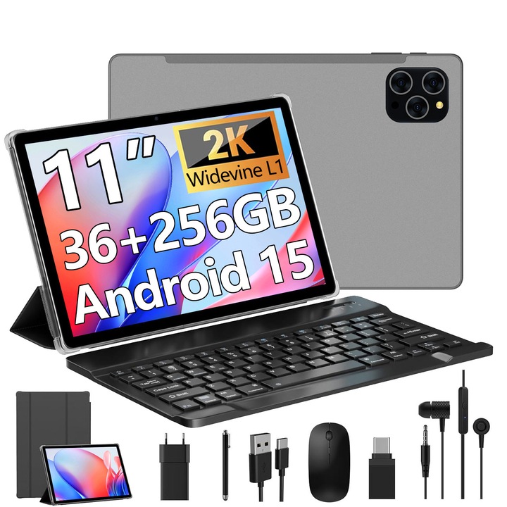 Tableta 11" 2000*1200 2K, Octa-Core, 36(12+24)GB RAM, 256GB ROM, Android 15, 4G LTE/SIM/5GHz WIFI, Widevine L1, 13MP+8MP, 8000mAh, Gri