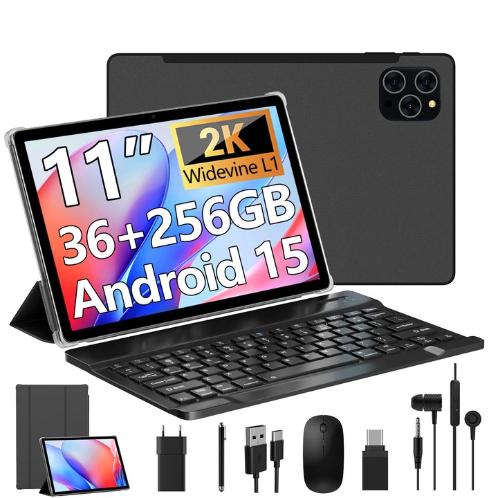Tableta 11" 2000*1200 2K, Octa-Core, 36(12+24)GB RAM, 256GB ROM, Android 15, 4G LTE/SIM/5GHz WIFI, Widevine L1, 13MP+8MP, 8000mAh, Negru