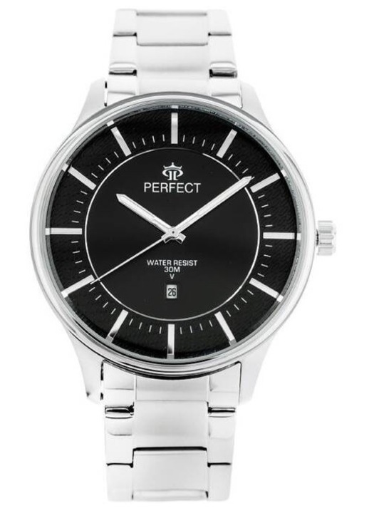 Perfect, ceas barbatesc din otel inoxidabil cu placare IPS, mecanism Miyota Made in Japan, cu data, rezistent la apa 30M, M114 (zp288b), negru/argintiu, 42 mm