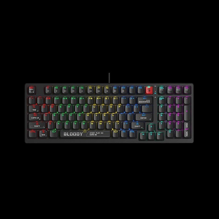 Tastatura mecanica de gaming A4Tech Bloody S98, 98 taste, blms switch, iluminare rgb rainbow, n-key rollover, usb 2.0 cu cablu 180 cm, negru, 385 x 138 x 41 mm