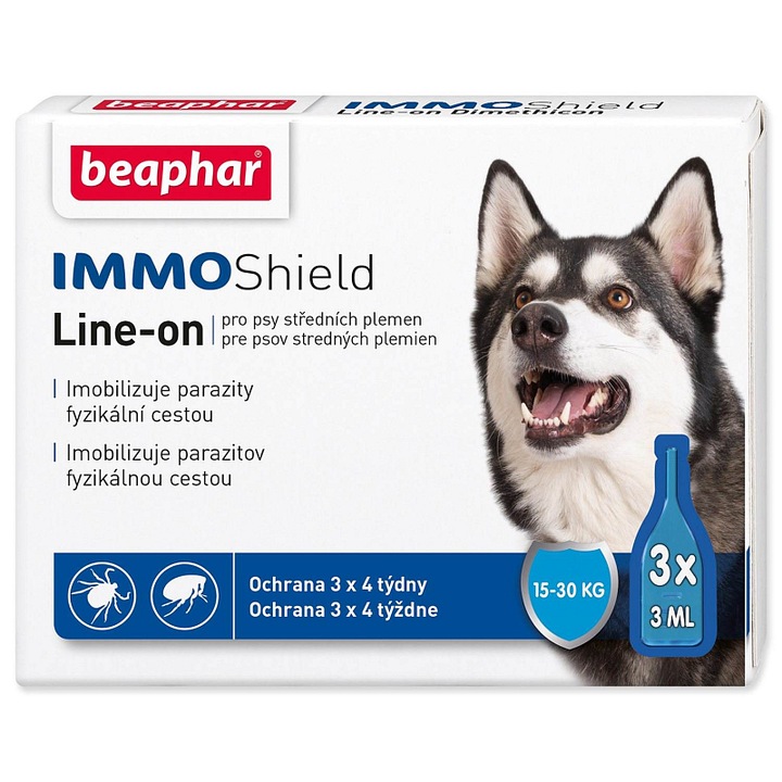 Pipete antiparazitare spot-on BEAPHAR IMMO Shield Line-on, dimeticon 474 g/l, pentru caini 15-30 kg, protectie 4 saptamani, pentru pui de la 12 saptamani, Multicolor, 3 x 3 ml
