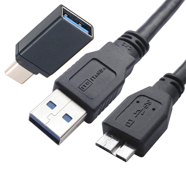 Кабел за данни за външен диск Cre8ve3, USB 3.0 към USB Micro-B, 5Gbps, съвместим с външен HDD, включен подарък адаптер USB към TYPE-C