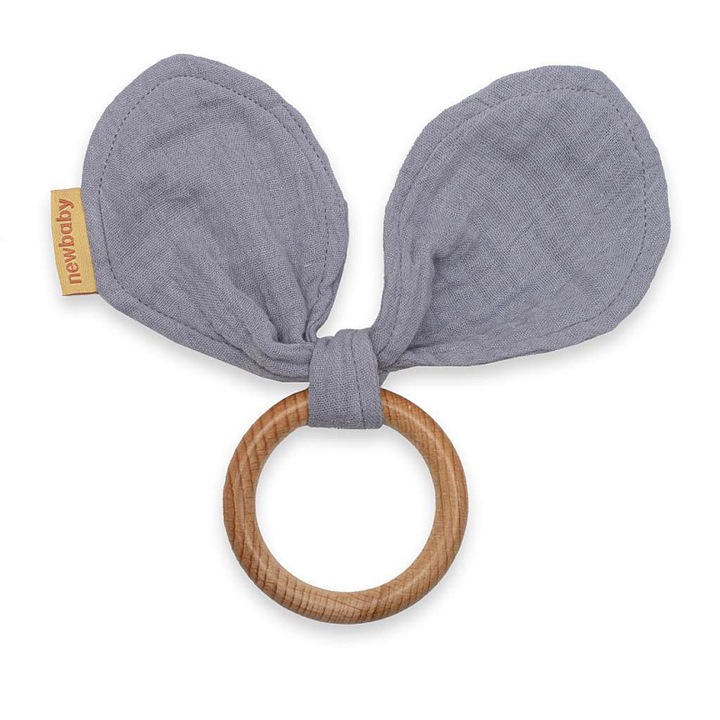 Гризалка New Baby Ears, дърво и муселин, сива, 14.5x10см