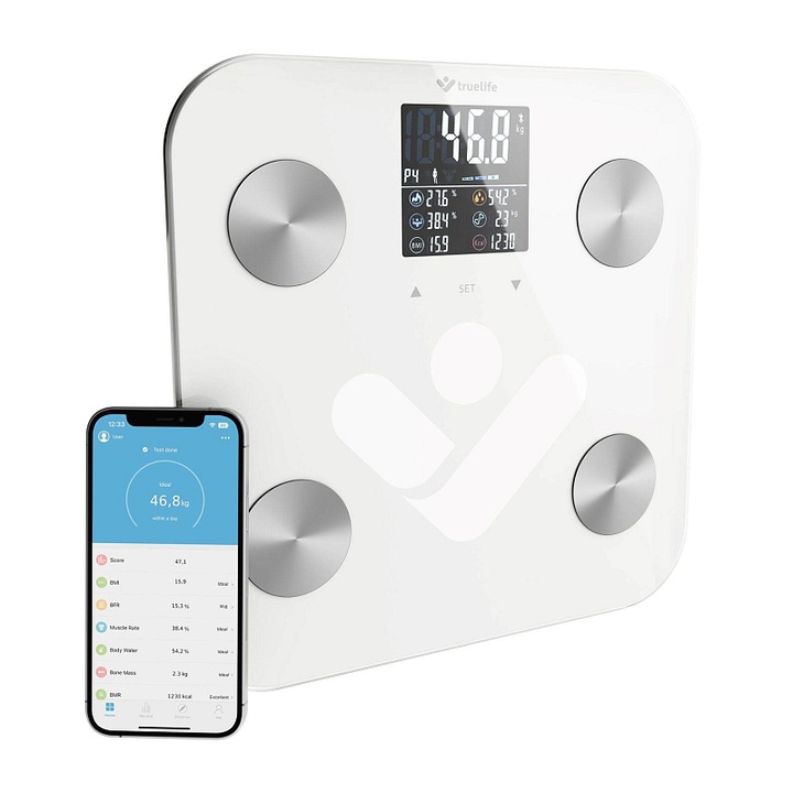 Дигитален кантар TrueLife FitShape S6 BT, кантар за баня, анализ чрез биоелектричен импеданс, Bluetooth, 19 телесни индекса, автоматично разпознаване на 8 потребителя, цветен LCD екран, закалено стъкло, капацитет 180 кг, бял
