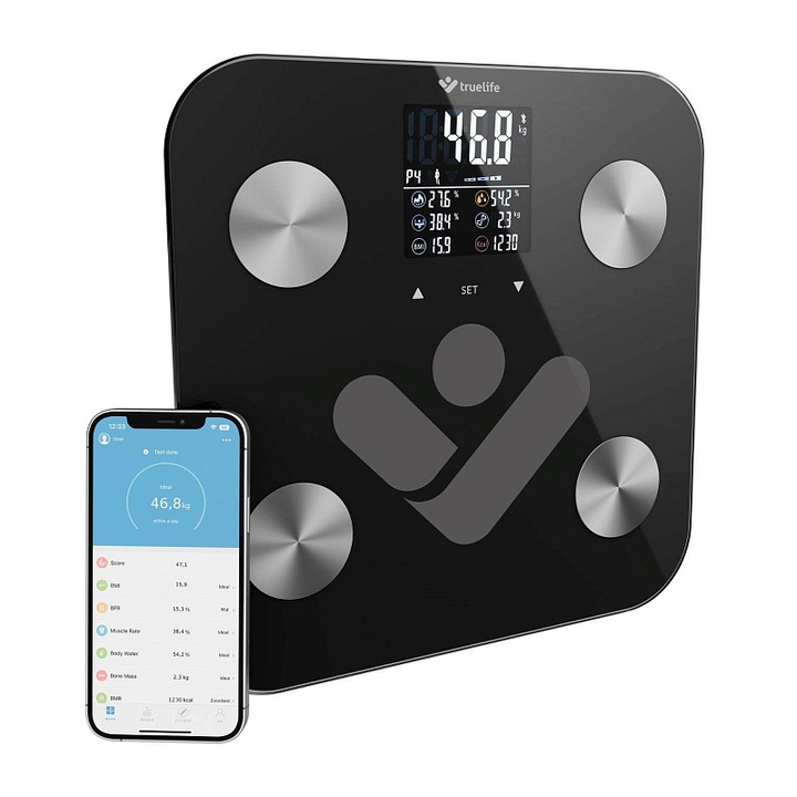 Кантар за тяло TrueLife FitShape S6 BT, биоелектричен анализ (BIA), Bluetooth, черен, макс. 180 кг