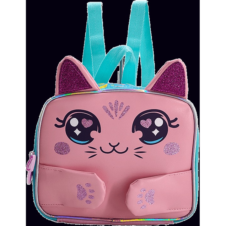 Sparkys, Ghiozdan din textil cu design 3D Pisica, cu urechi 3D si buzunar frontal, Roz, 24 cm