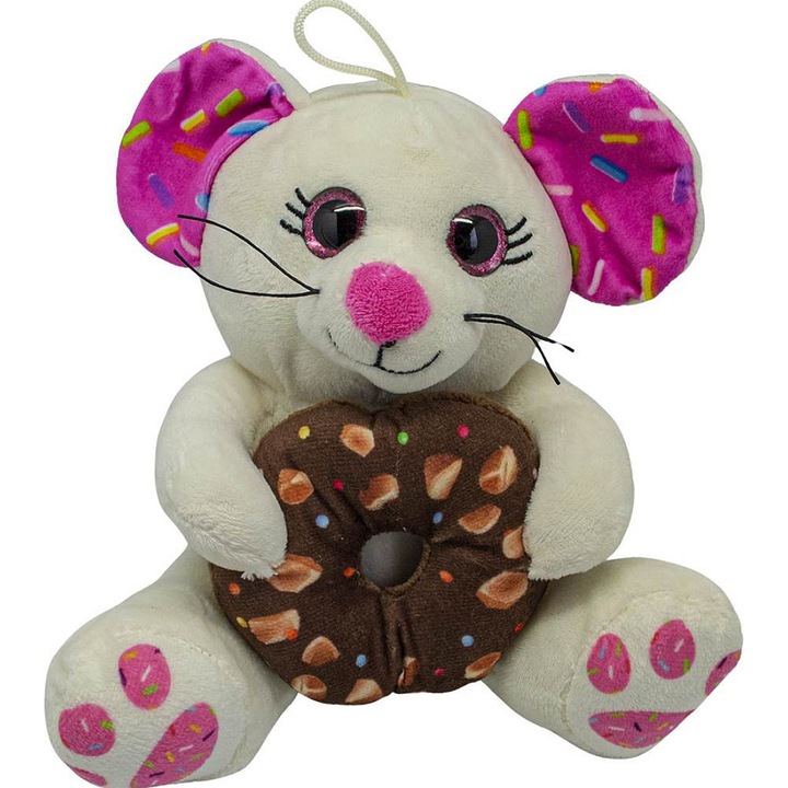 Jucarie de plus Sparkys, soricel cu donut, din plus moale, cu donut colorat, Multicolor, 20 cm