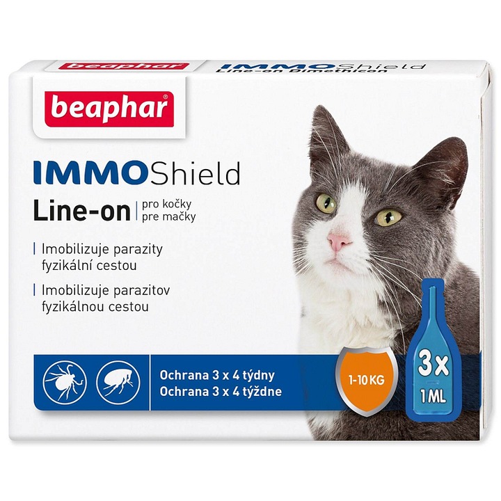 Pipete antiparazitare Beaphar IMMO Shield Line-on, cu dimeticon, imobilizeaza si elimina purici, capuse si paduchi, pentru pisici 1-10 kg, 3 x 1 ml