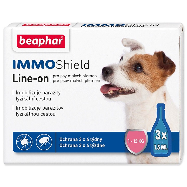 Pipete antiparazitare Beaphar IMMO Shield Line-on pentru caini mici, pe baza de dimeticon, protectie 4 saptamani, 1-15 kg, 3 x 1,5 ml