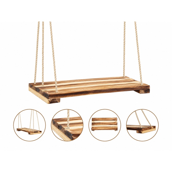 Leagan din lemn pentu copii, cu franghie bumbac, 42x18cm, lungime 125cm, maxim 66 kg