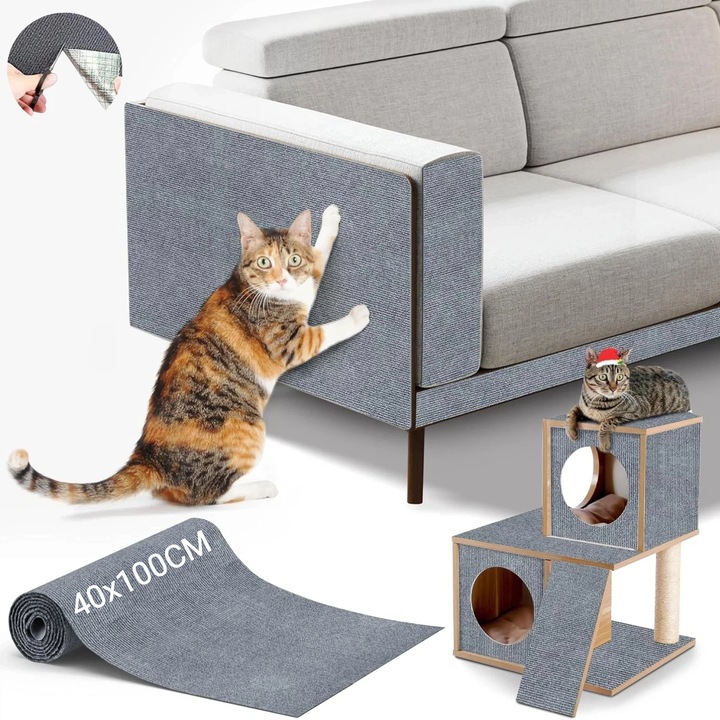 Covoras protectie mobilier anti-zgarieturi pisici, Omelivon, fetru autoadeziv reutilizabil, 40×100 cm, taiere personalizata, material rezistent la zgarieturi, Canapea/Colturi/Usi/Pat, Gri deschis mat