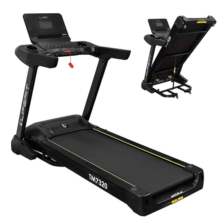 Lifefit TM7320 futópad, max. 7 LE motor (3,5 LE folyamatos), sebesség 1-22 km/h, 0-20 szint automatikus dőlésszög, futófelület 145x58 cm, 99 program, hidraulikusan összecsukható kerekekkel, fekete, 204x93x148 cm