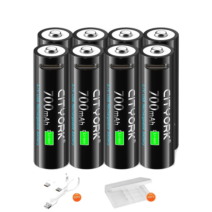 Set 8 acumulatori (baterii) Li-ion reincarcabili 700mAh, incarcare Type-C, 3.7V, Negru