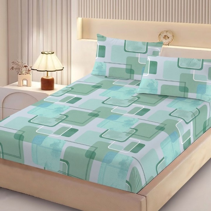 Set husa de pat cu elastic si 2 fete de perna din finet, 160x200cm, Lenjerii Deosebite, Patrate verzi
