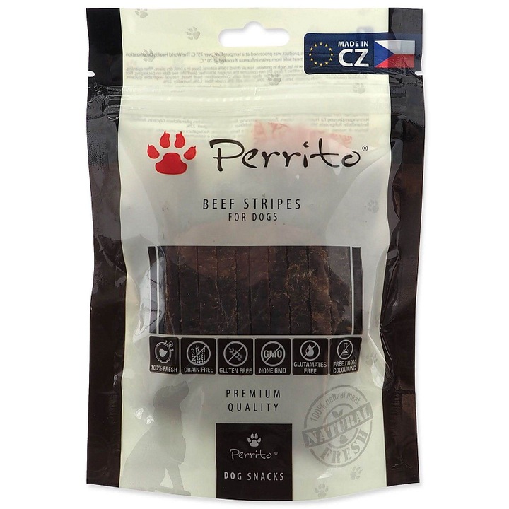 Perrito Marhahús Csíkok kutyasnack, 100% természetes, gabonamentes, gluténmentes, forró levegővel szárított, Barna, 100g