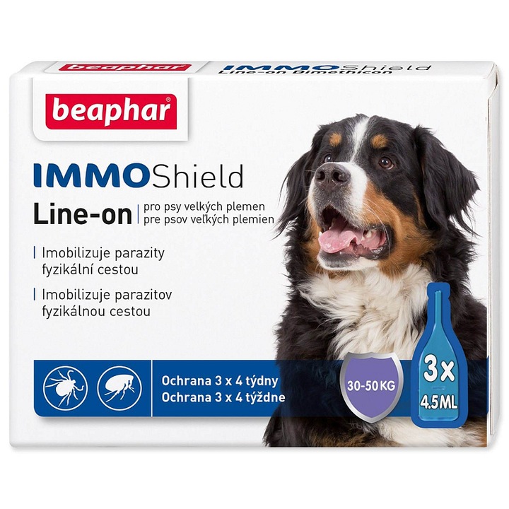 Pipete antiparazitare (spot-on) Beaphar IMMO Shield Line-on, dimeticon 474 g/l, protectie 4 saptamani, pentru caini 30-50 kg, incolor, 3 x 4.5ml