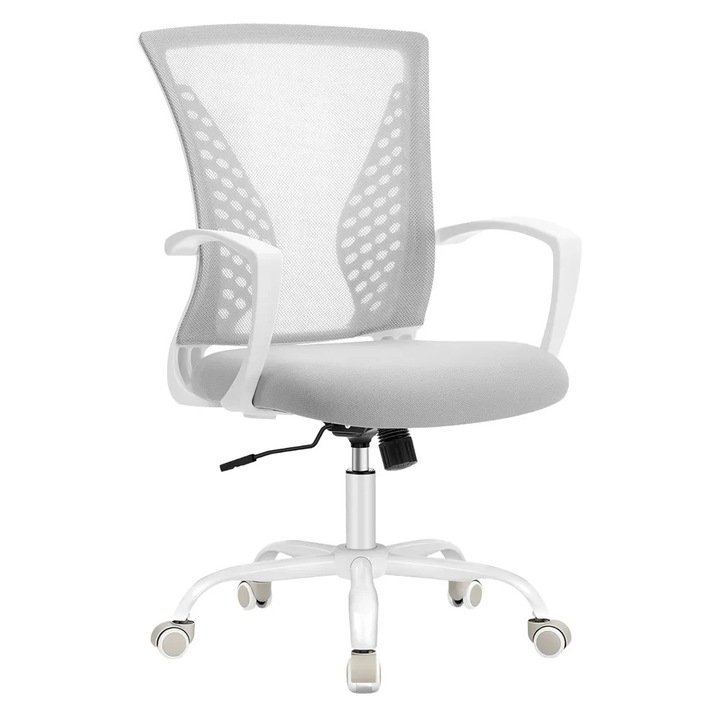 Scaun de birou ergonomic cu roti Songmics, ideal pentru studiu/home office/birou, tapiterie textila plasa, H96-104 cm, mecanism de balans, inaltime ajustabila, baza stabila cu roti din nylon, suport lombar, spatar mesh respirabil, sezut confortabil, gri
