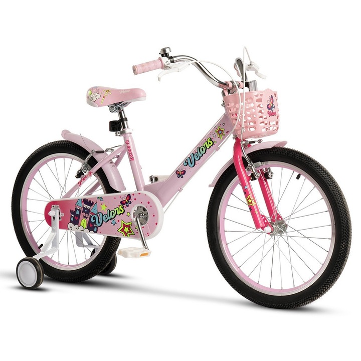 Bicicleta MTB ERBV2002A pentru copii cu roti de 20", Frane V-brake, Roti Ajutatoare, Cos, Aparatori, Jante Color Aluminiu, roz/fucsia, Velors Baby Kids Sport Bike Pony pentru varsta 7/10 ani - Intre 120-135 cm