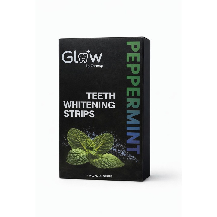Glow Benzi pentru Albirea Dintilor, Fara Peroxid, 28 Benzi (14 zile), Formula Delicata, Fara Sensibilitate, Experienta Placuta, Benzi Aromate Fresh (Peppermint)