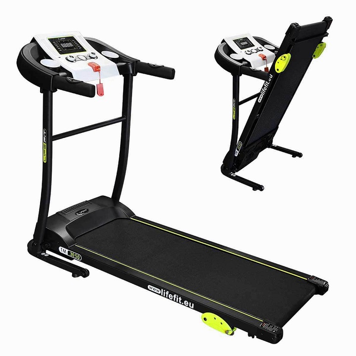 Lifefit TM3050 futópad, 1,7 LE max motor (0,85 LE folyamatos), sebesség 1-10 km/h, futófelület 110x40 cm, 3 manuális dőlésszint, összecsukható kerekekkel, LED kijelző pulzussal és 12 programmal, Fekete, 1 db