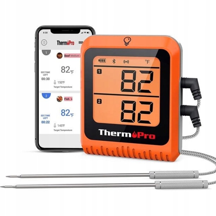 Термометър Bluetooth ThermoPro TP-920, 2 сонди, оранжево-черен, 17x100см