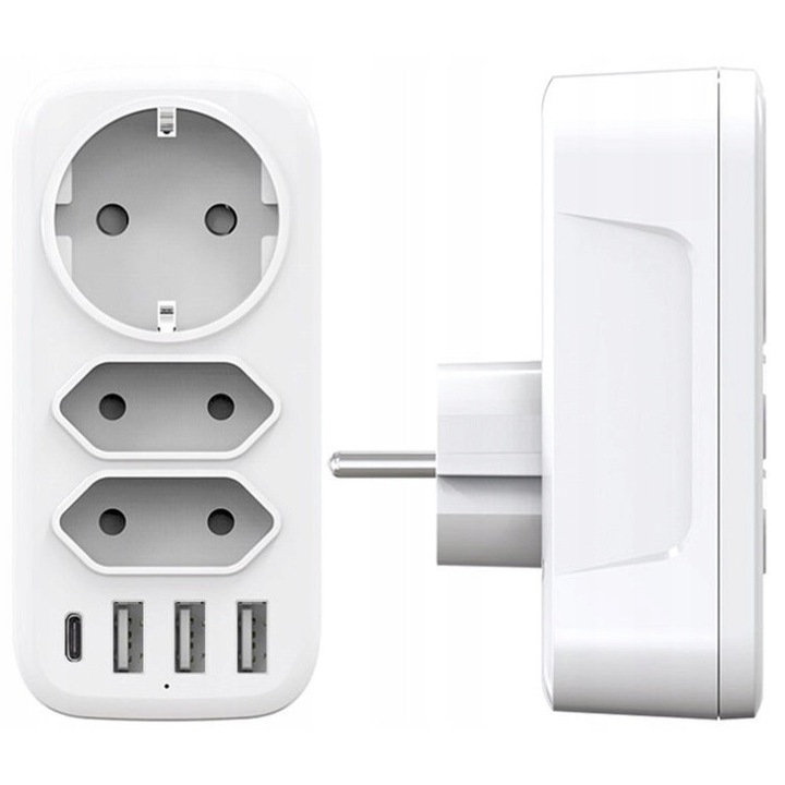 Мултифункционален разклонител 7в1, 3xAC, 3xUSB-A, 1xUSB-C, бял, 5.2x11.4x3.8cm