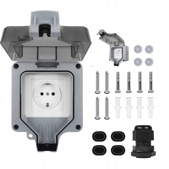Външен водоустойчив контакт IP66, 250V 16A, сив, 10.6x10.6x9см