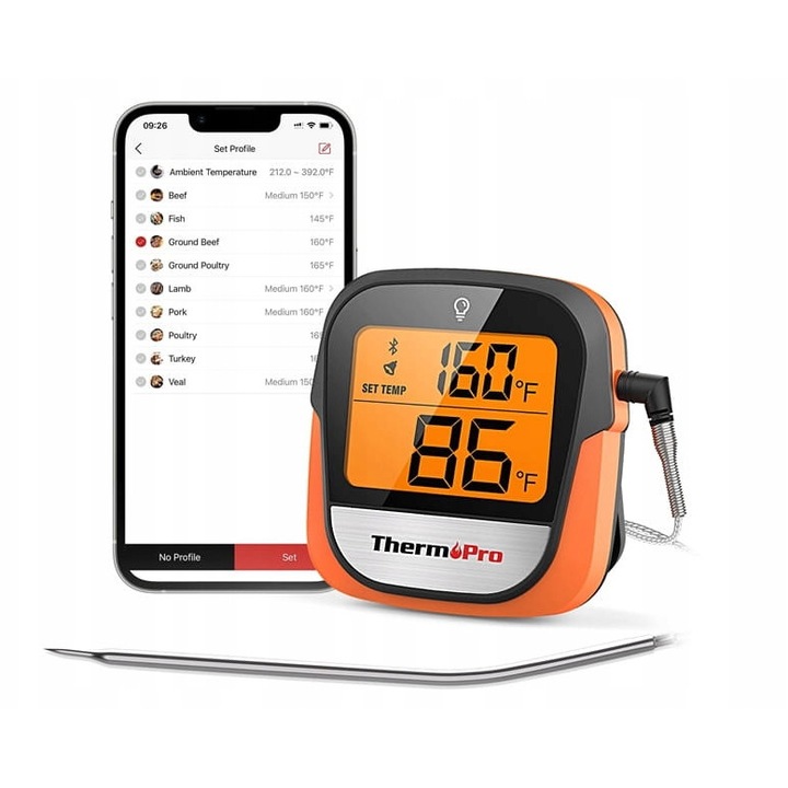 Термометър за месо ThermoPro TP-901 Bluetooth безжичен, мултифункционален, бял, обхват 140м
