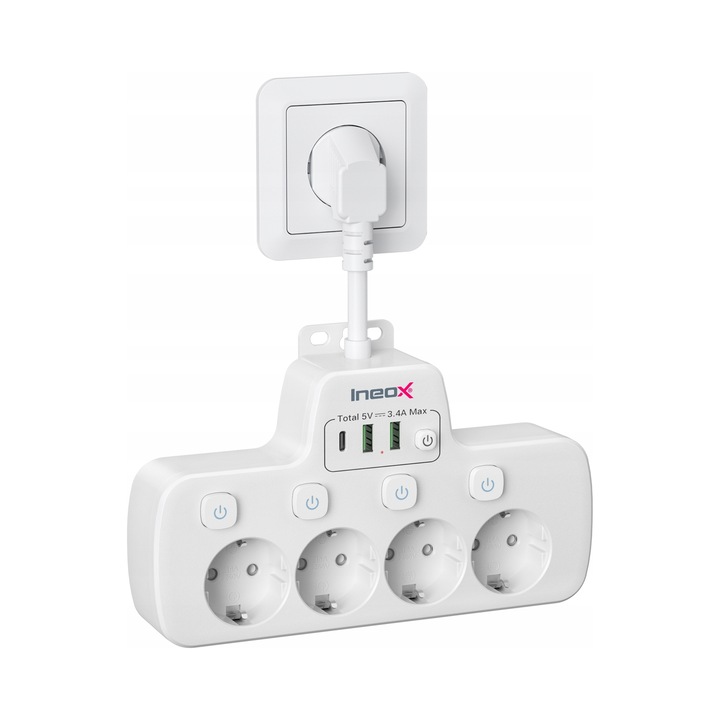 Разклонител Ineox LZW-4UW 4xAC 3xUSB бял 16A 4000W