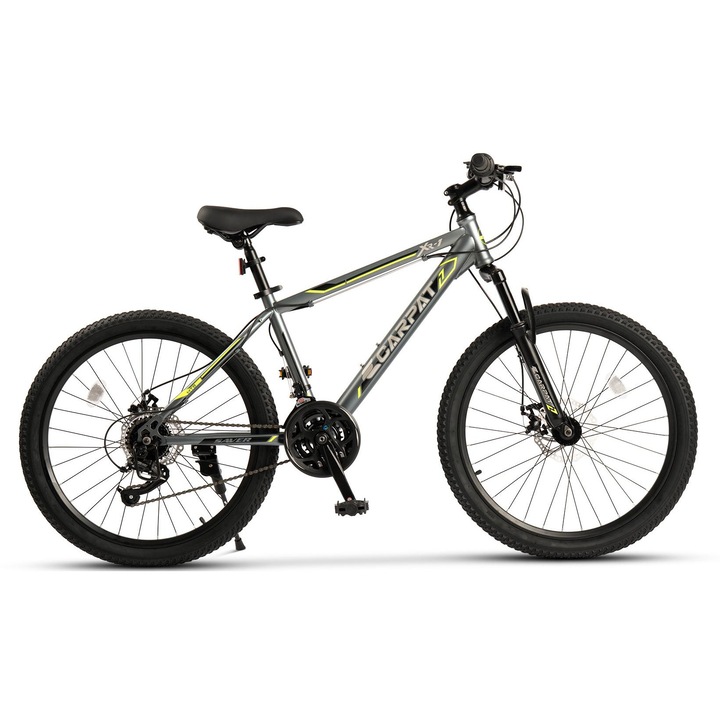 Bicicleta Copii MTB Saver XR1 JSXS24102G 24", Suspensie fata, Manete Rotative Shimano, Frane pe Disc, 21 Viteze, Gri/Verde