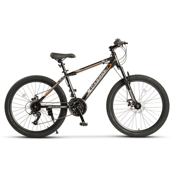 Bicicleta MTB Copii Saver XR1 JSXS2410292 24", Suspensie fata, Manete Rotative Shimano, Frane pe Disc, 21 Viteze, Negru/Portocaliu