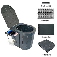 Toaleta de camping, Portabila, Spalare gravitationala, Spalare 3/4, 5 l, Rezervor ascuns, Capac si suport hartie igienica, Perna de sezut detasabila si suport telefon, Negru