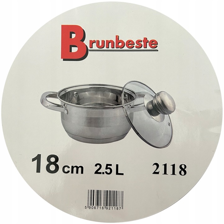 Тенджера от неръждаема стомана Brunbeste 2,5L със стъклен капак сребриста 18см