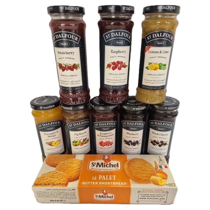 Pachet gem Dafour(mango si ananas, smochine, zmeura si rodie, afine, cirese negre, capsuni, zmeura, lamaie si lime)+un pachet biscuiti cu unt S'Michel 150g cadou