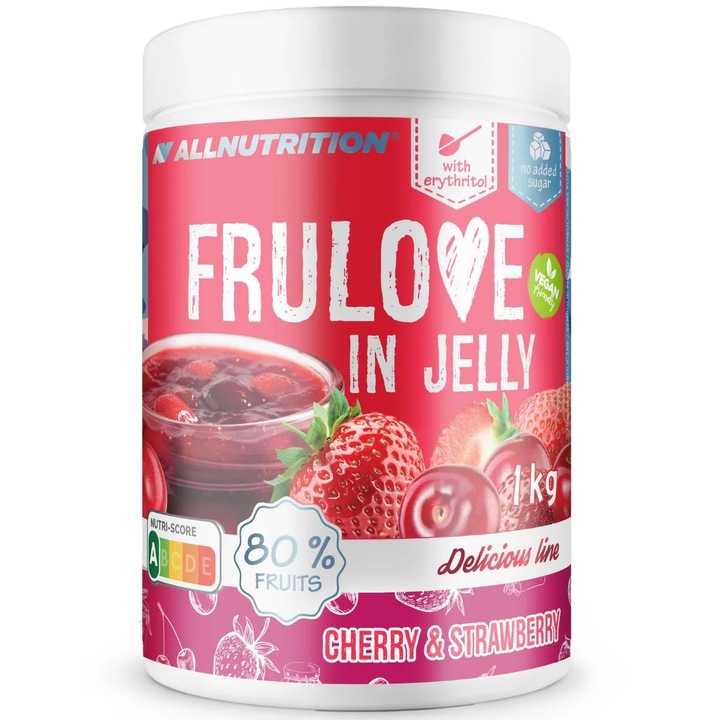 Dulceata dietetica, ALLNUTRITION Frulove In Jelly, 1000g, cirese si capsuni, fara zahar, indulcit cu eritritol, 80% fructe, bogata in fructe, pentru deserturi fit si mic dejun sanatos