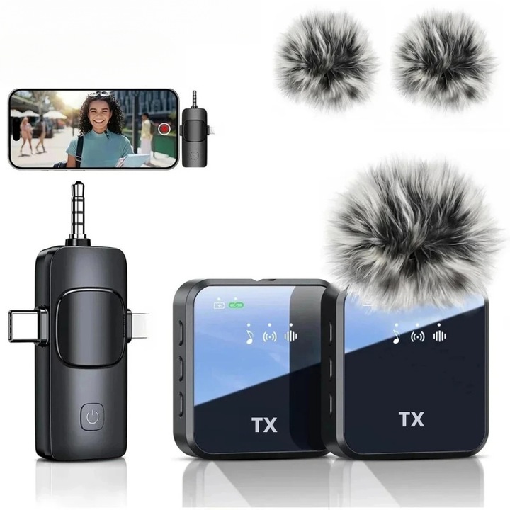 Vezeték nélküli 3 az 1-ben lavalier mikrofon kamerához, Androidhoz, iPhone-hoz, mikrofon videófelvételekhez, podcasthoz, zajcsökkentő mikrofon