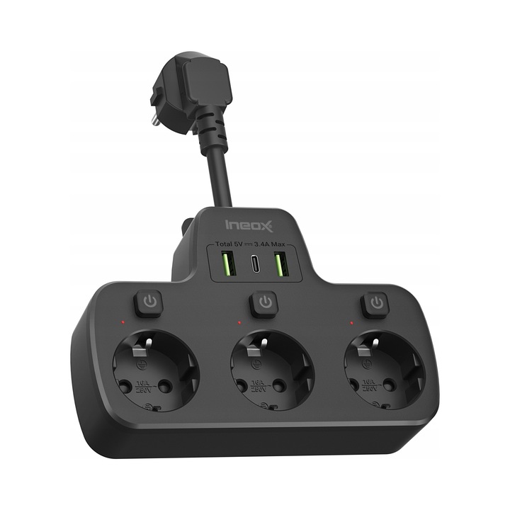 Разклонител Ineox LZW-3UB многофункционален USB черен 11x16.5x4см