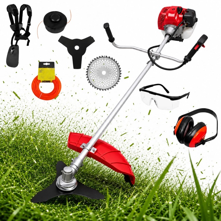Motocoasa pe Benzina Infiniteea™, 6 CP, 51 CC, Motor 2 Timpi, 6000 RPM, 3 Sisteme Taiere: Tambur Fir, Disc 3T, Disc Vidia, Maner Ergonomic Anti-Vibratii, Ham Ajustabil si Kit Protectie Inclus (Masca, Ochelari, Casti), Rosu