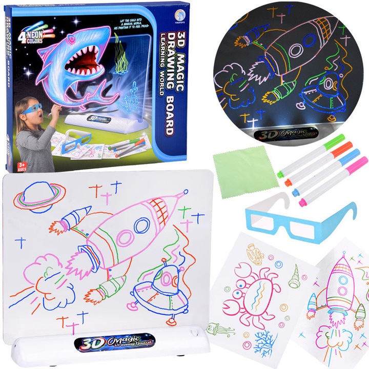 3D rajztábla LED világítással + markerekkel és szemüveggel - kék