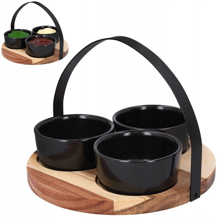Set boluri pentru gustari cu suport metalic, ceramica neagra si lemn acacia, 9.5x4cm, farfurie 20x1.5cm