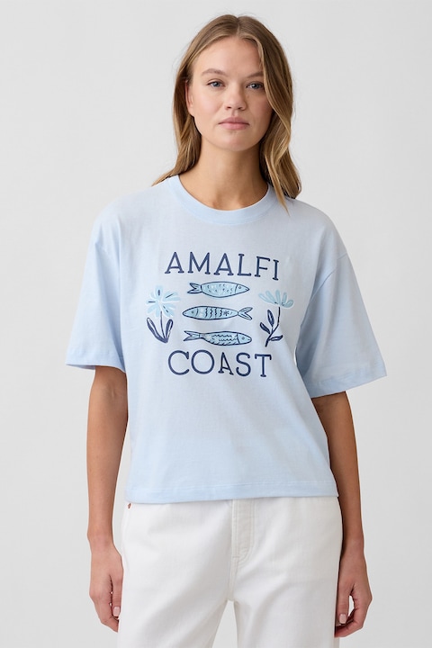 GAP, Tricou cu model si decolteu la baza gatului, Albastru pastel