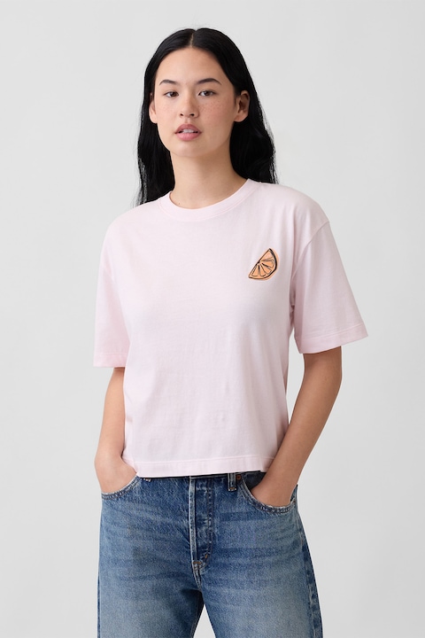GAP, Tricou cu model si decolteu la baza gatului, Roz pastel